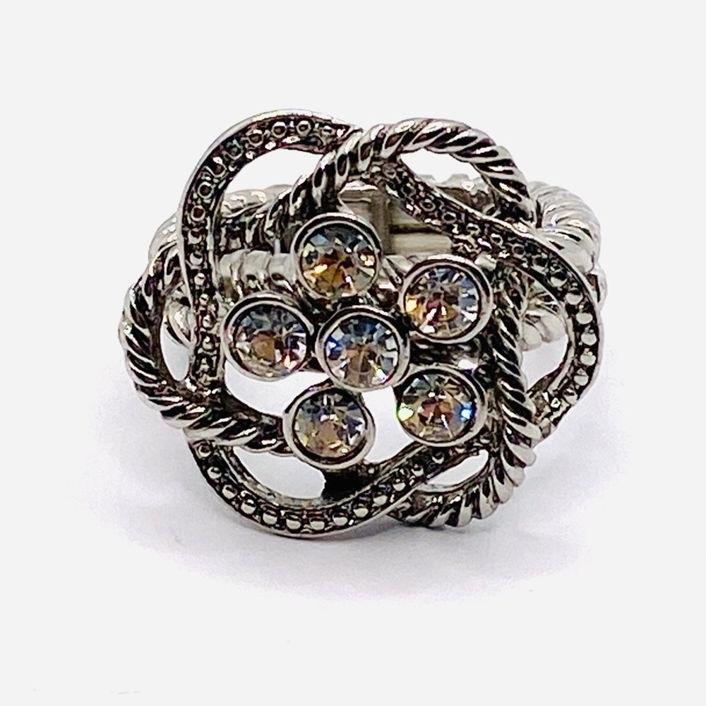 Ring Stretch Clear Crystals Flower Silver Tone